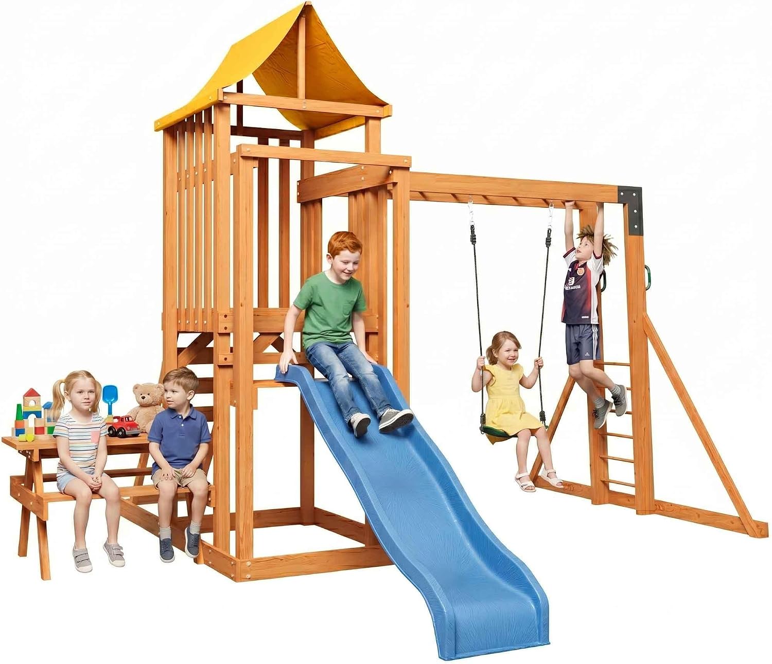 Wooden swing set with 6-foot wave slide, play deck, rock wall ladder, two belt swings, and canopy roof in natural wood finish — view 5a