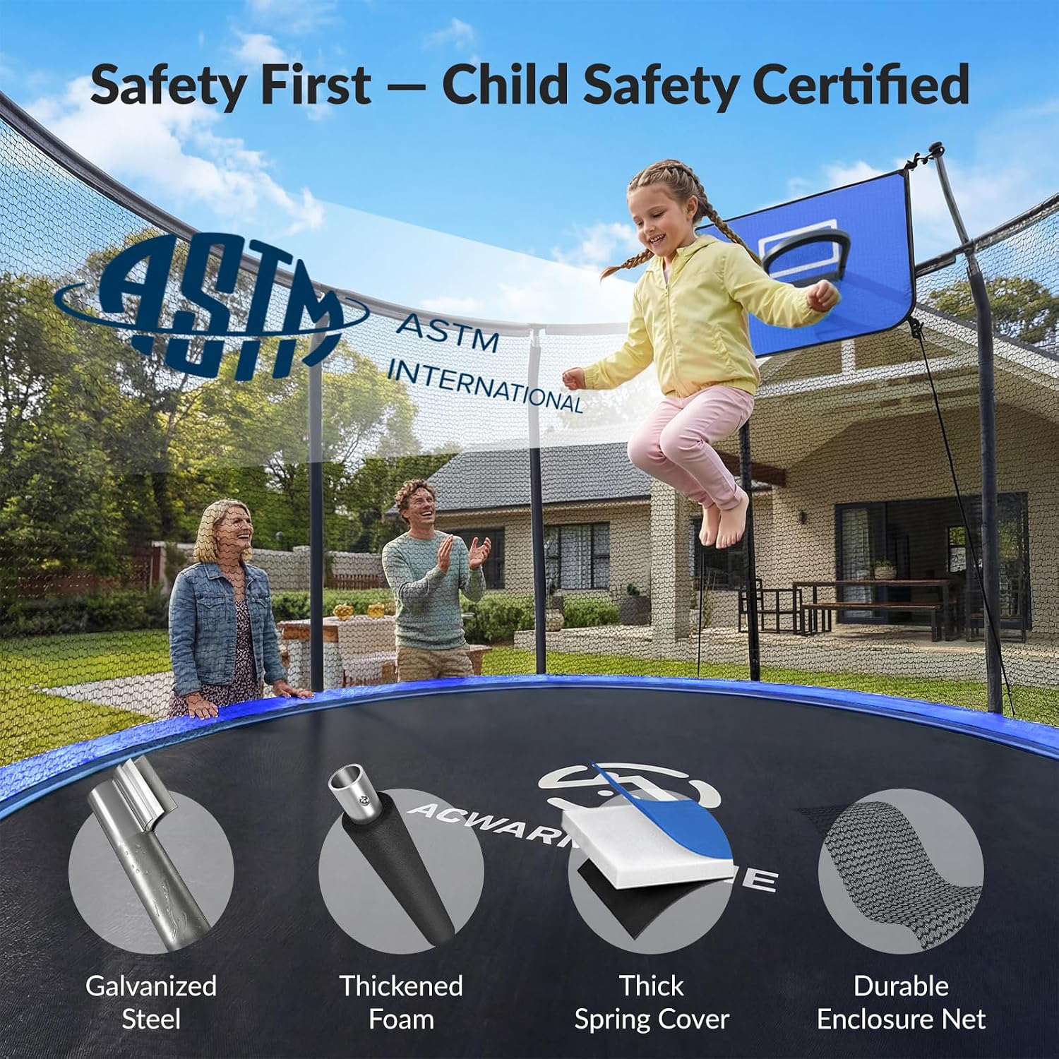 8ft outdoor trampoline with black enclosure net, basketball hoop attachment, and integrated LED lights for backyard play — view 2