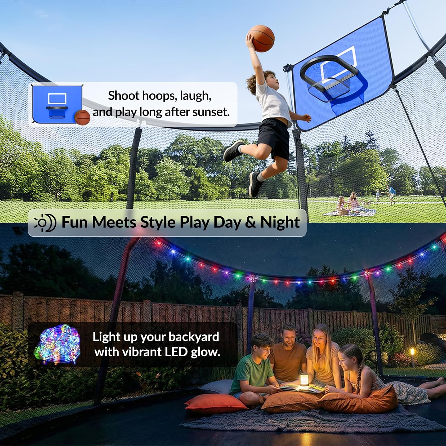8ft outdoor trampoline with black enclosure net, basketball hoop attachment, and integrated LED lights for backyard play — view 3