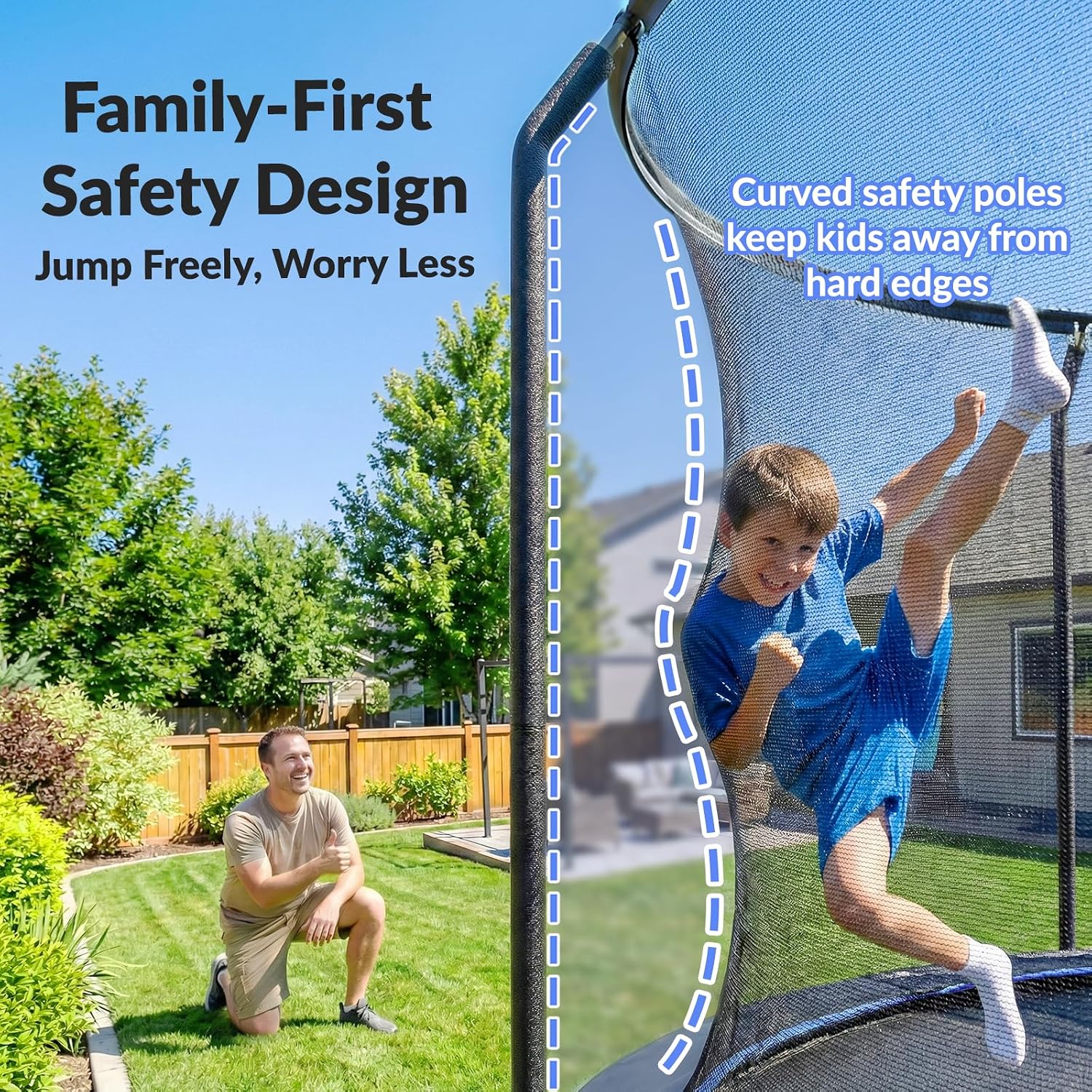 8ft outdoor trampoline with black enclosure net, basketball hoop attachment, and integrated LED lights for backyard play — view 4