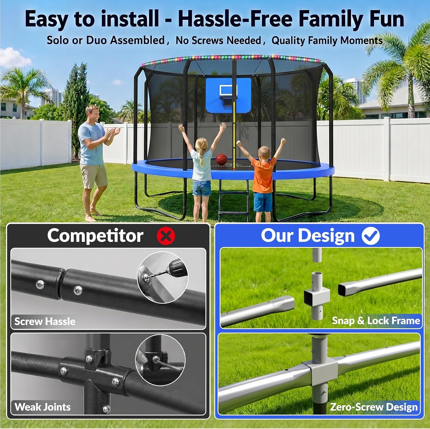 8ft outdoor trampoline with black enclosure net, basketball hoop attachment, and integrated LED lights for backyard play — view 2