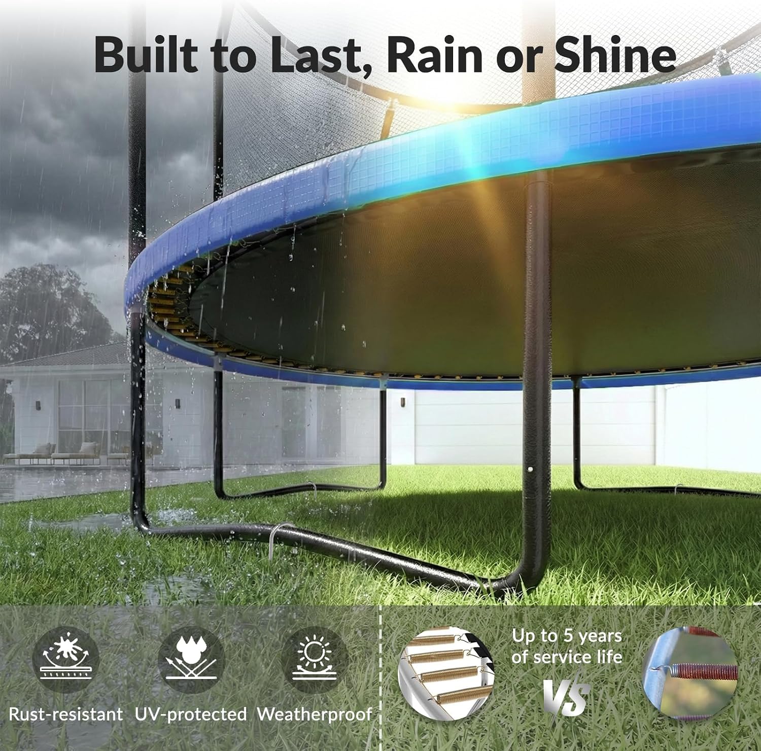 8ft outdoor trampoline with black enclosure net, basketball hoop attachment, and integrated LED lights for backyard play — view 3
