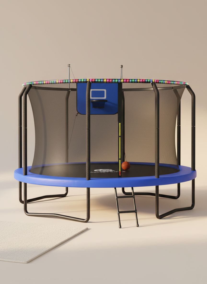8ft outdoor trampoline with black enclosure net, basketball hoop attachment, and integrated LED lights for backyard play — view 1