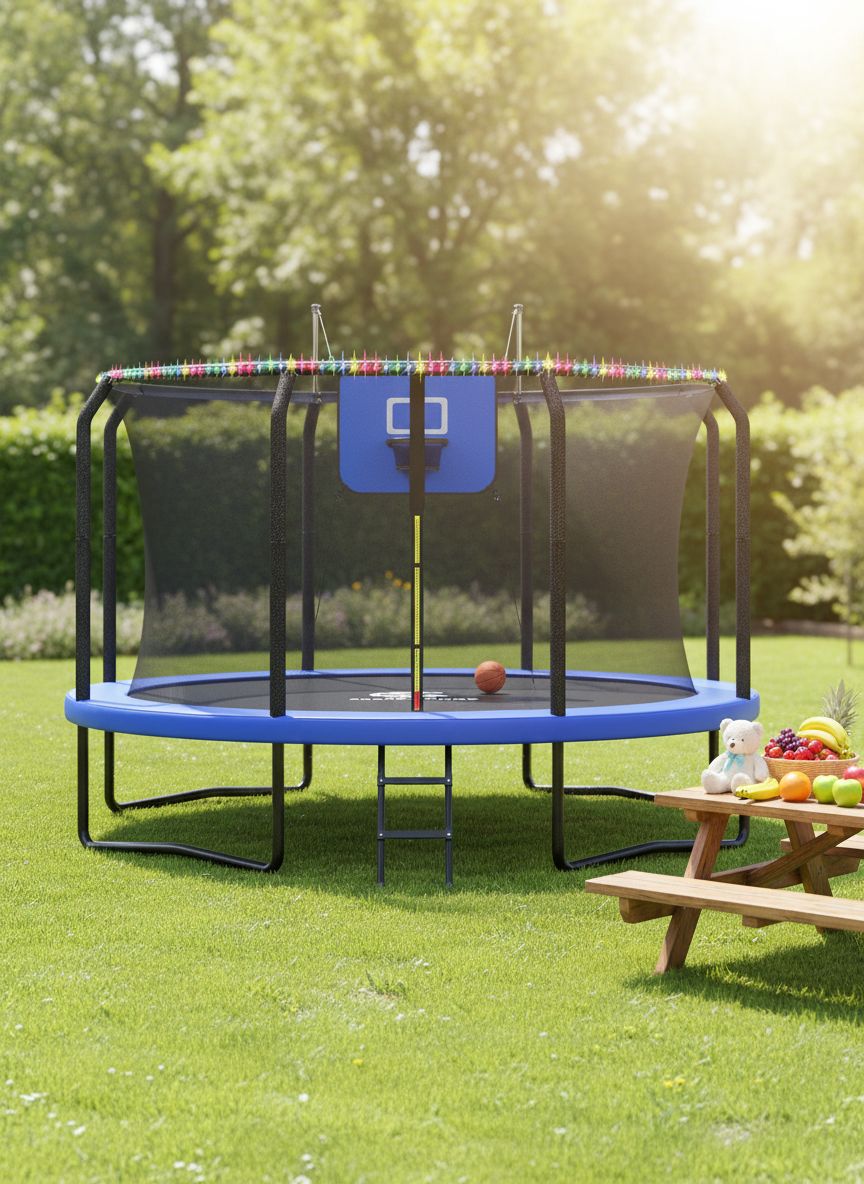 8ft outdoor trampoline with black enclosure net, basketball hoop attachment, and integrated LED lights for backyard play — view 3
