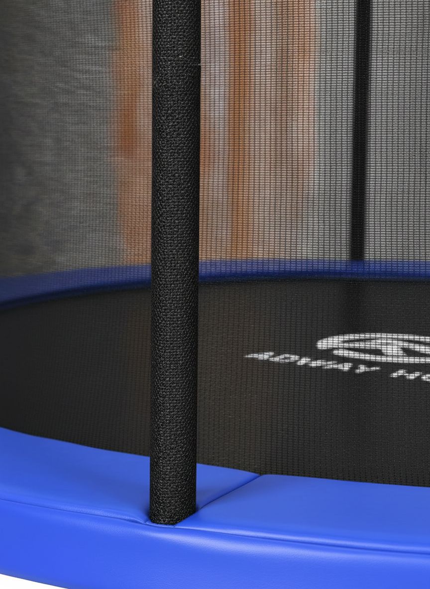 8ft outdoor trampoline with black enclosure net, basketball hoop attachment, and integrated LED lights for backyard play — view 4