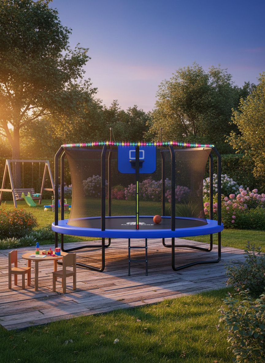 8ft outdoor trampoline with black enclosure net, basketball hoop attachment, and integrated LED lights for backyard play — view 2