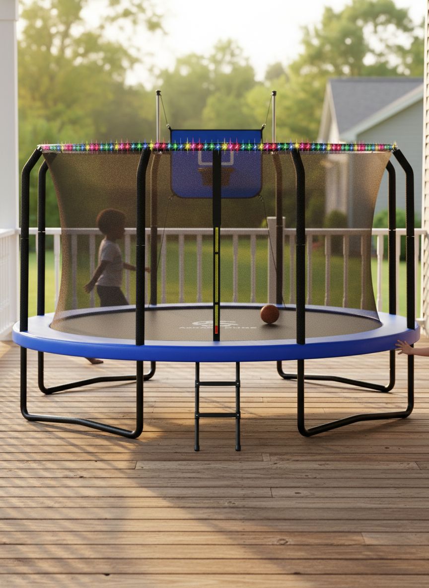 8ft outdoor trampoline with black enclosure net, basketball hoop attachment, and integrated LED lights for backyard play — view 3a