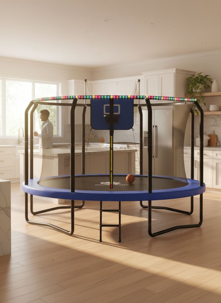 8ft outdoor trampoline with black enclosure net, basketball hoop attachment, and integrated LED lights for backyard play — view 7a