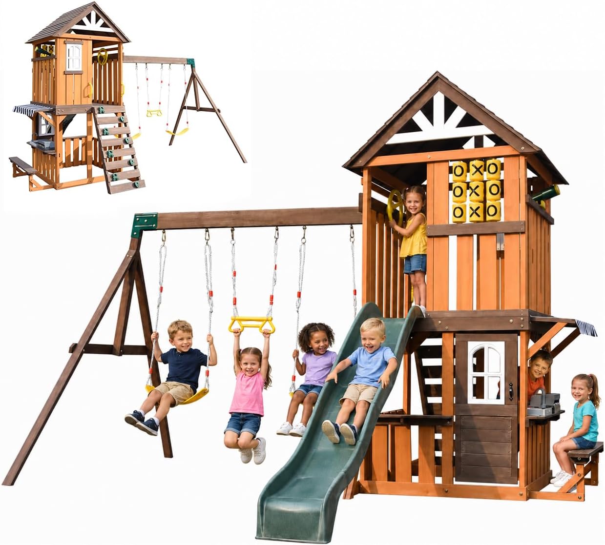 Cedar wood swing set with attached slide, rock climbing wall, belt swings, tic-tac-toe board, and play kitchen for backyard play — view 1