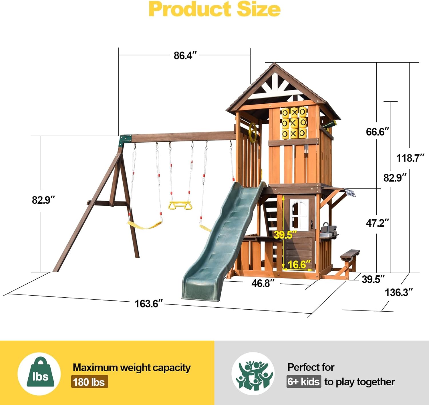 Cedar wood swing set with attached slide, rock climbing wall, belt swings, tic-tac-toe board, and play kitchen for backyard play — view 2