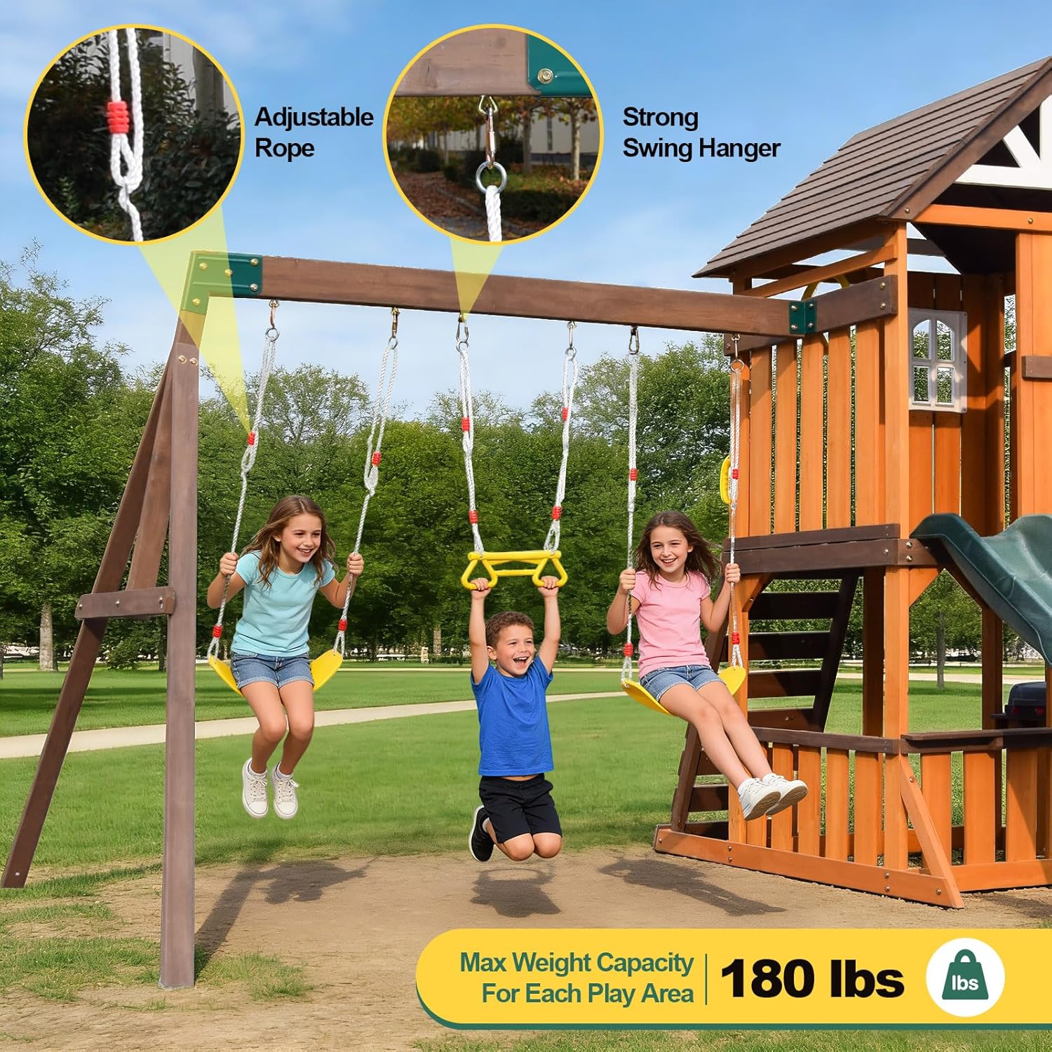 Cedar wood swing set with attached slide, rock climbing wall, belt swings, tic-tac-toe board, and play kitchen for backyard play — view 3