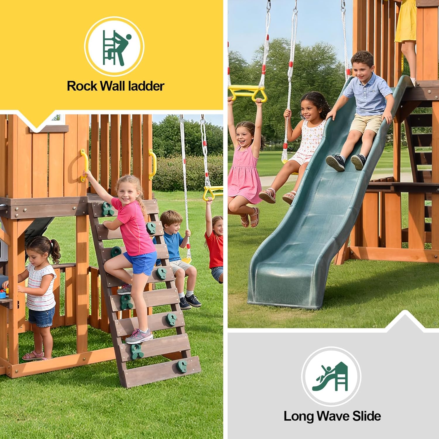 Cedar wood swing set with attached slide, rock climbing wall, belt swings, tic-tac-toe board, and play kitchen for backyard play — view 4