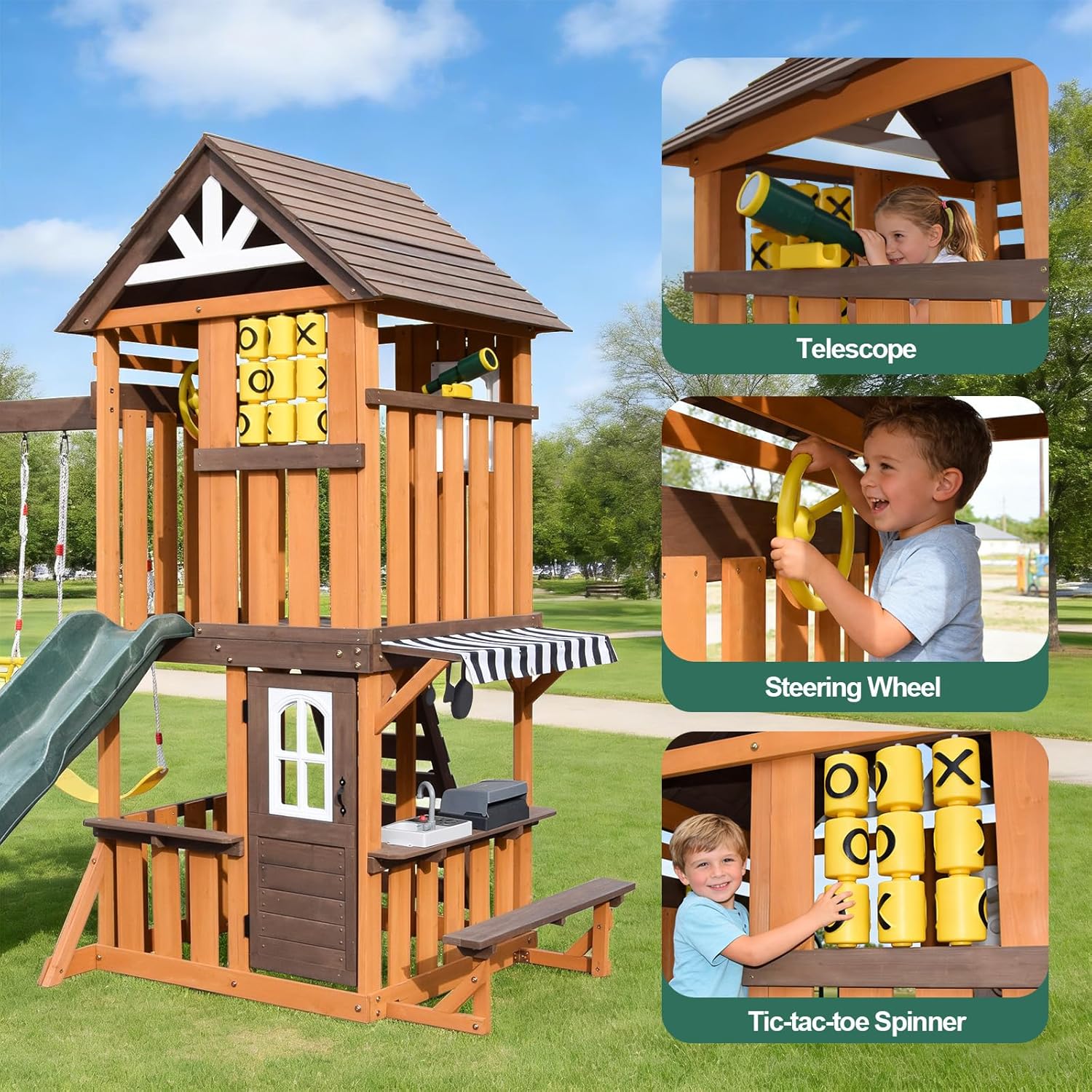 Cedar wood swing set with attached slide, rock climbing wall, belt swings, tic-tac-toe board, and play kitchen for backyard play — view 2