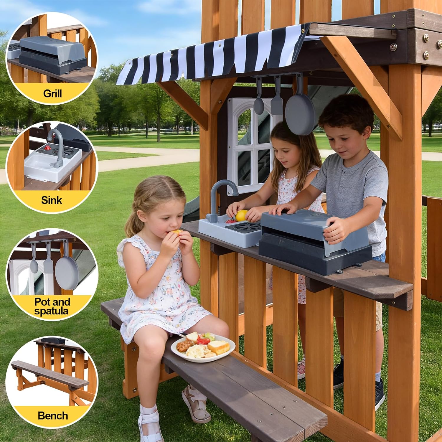 Cedar wood swing set with attached slide, rock climbing wall, belt swings, tic-tac-toe board, and play kitchen for backyard play — view 3a