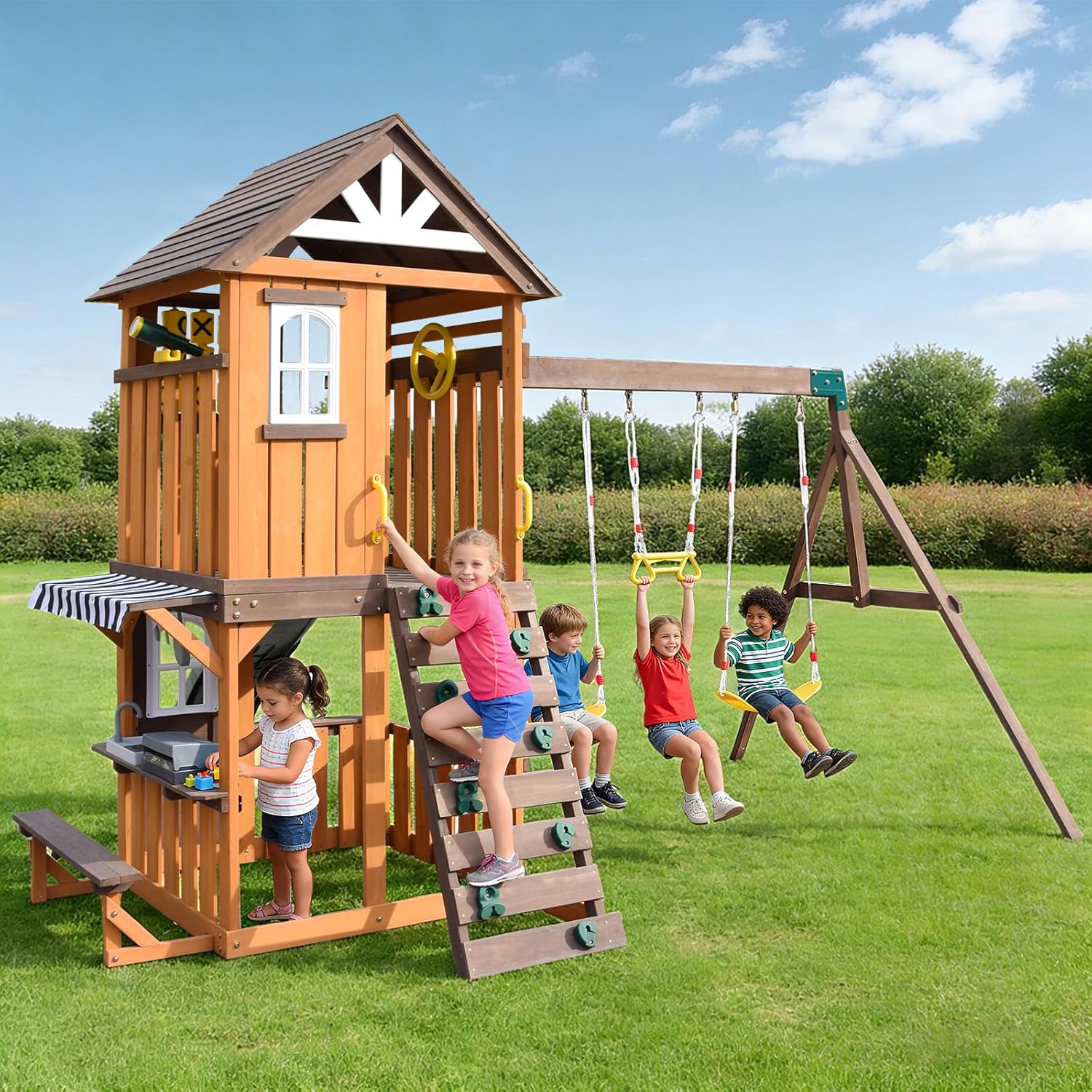 Cedar wood swing set with attached slide, rock climbing wall, belt swings, tic-tac-toe board, and play kitchen for backyard play — view 4