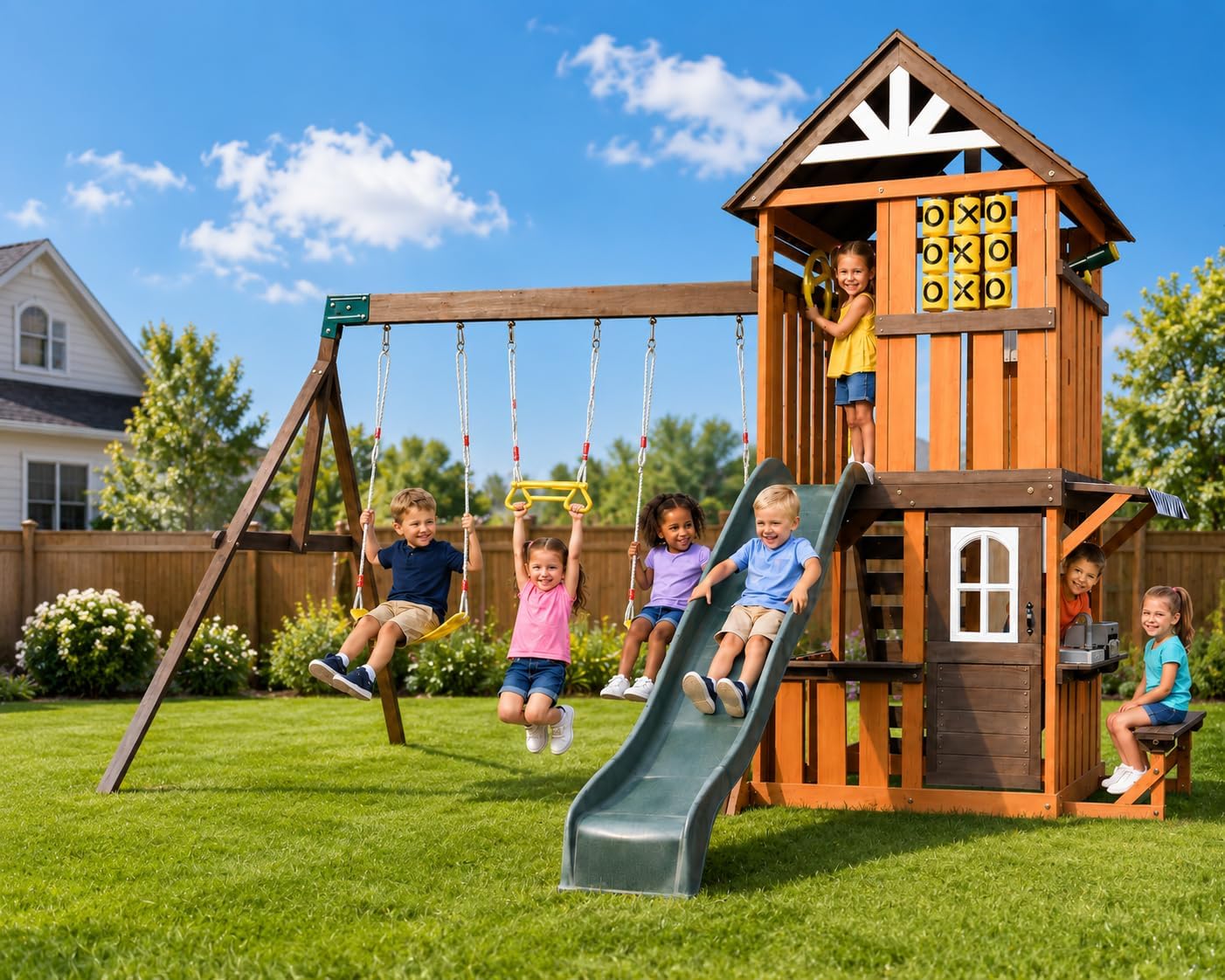 Cedar wood swing set with attached slide, rock climbing wall, belt swings, tic-tac-toe board, and play kitchen for backyard play — view 5a
