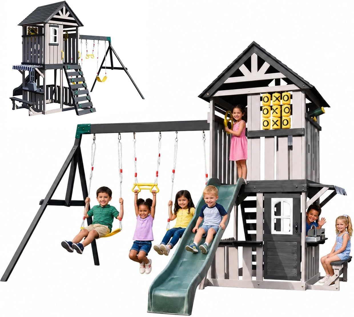 Cedar wood swing set with attached slide, rock climbing wall, belt swings, tic-tac-toe board, and play kitchen for backyard play — view 6
