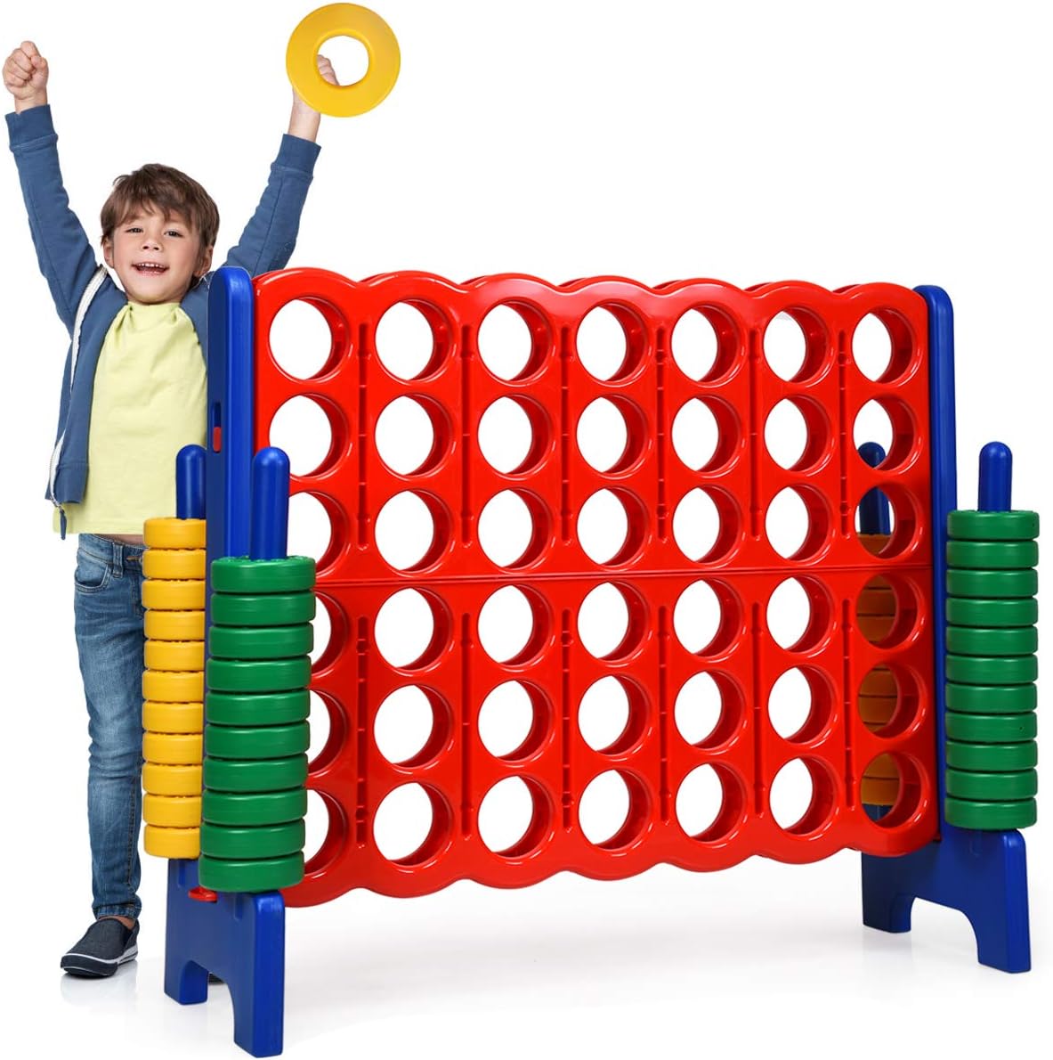 Costzon Giant 4-in-A-Row, Jumbo 4-to-Score Giant Game Set for Kids & Adults, Indoor Outdoor Yard Connect Game, 3.5FT Tall with 42 Jumbo Rings & Quick-Release Slider, Perfect for Family & Party Games
