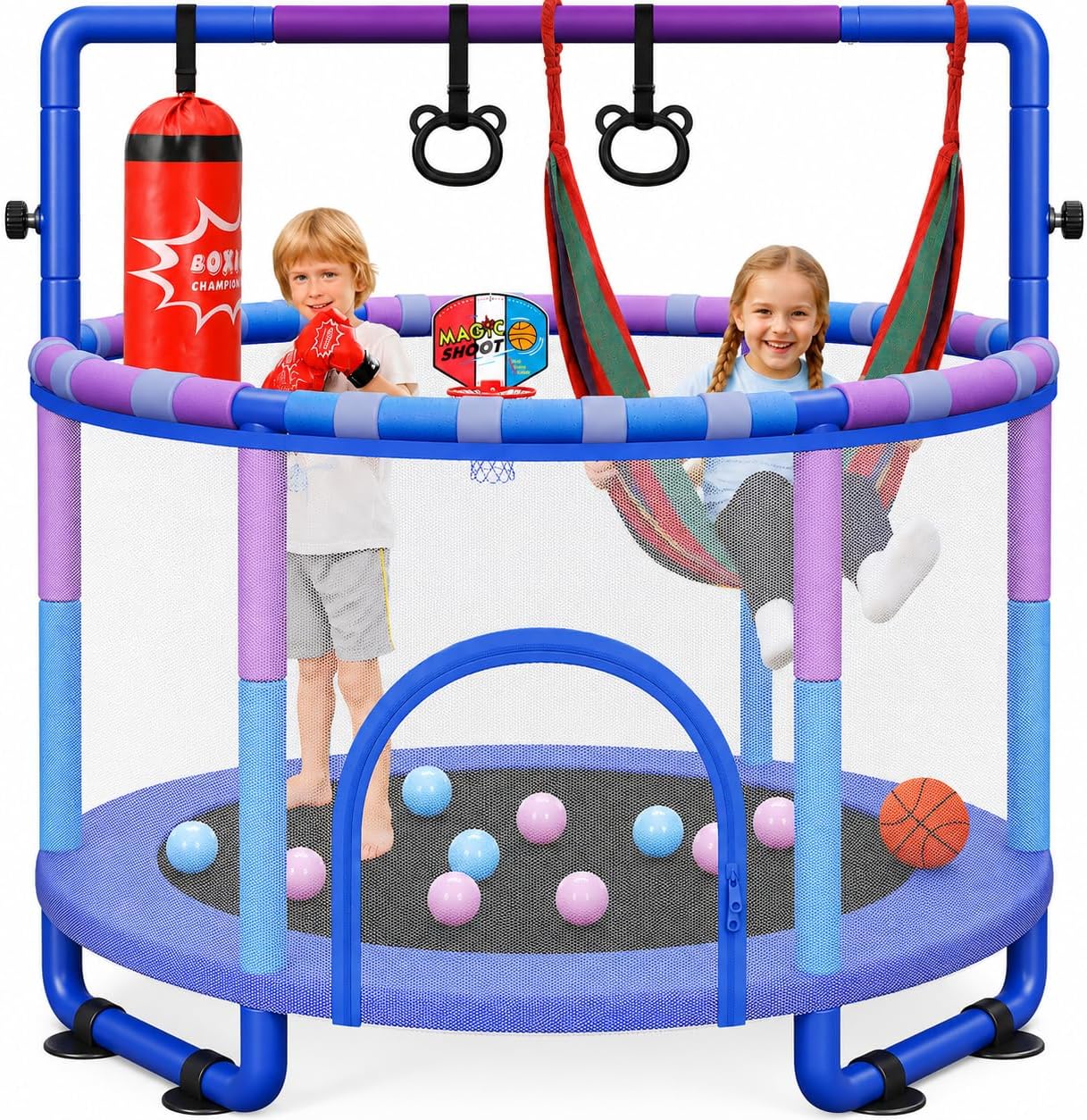 Yohood 55 Trampoline for Kids with Enclosure, 6-in-1 Toddler Trampoline Indoor Outdoor, Upgrade Full Anti-Rust Tube with Adjustable Gymnastics Bars for Boys Girls
